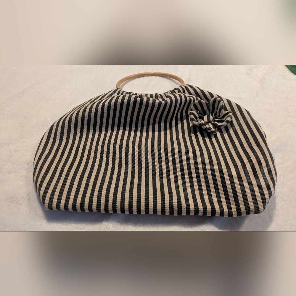 Striped Black and White Women's Bag with Wooden Handle - Picture 7 of 9